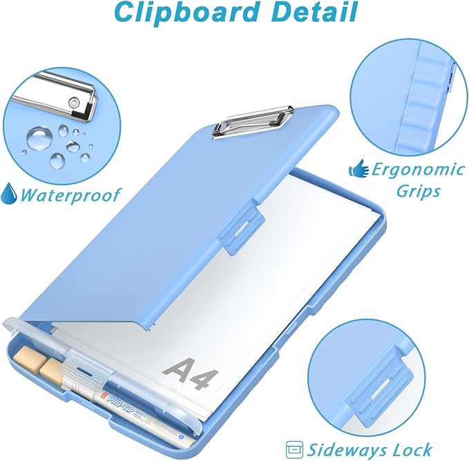 Rimilak Clipboard with Storage, 8.5 x 11'' High Capacity Clip Board, Blue | Smooth Writing, Side-Opening Plastic Folder with Pen Holder, Size 14.2 x 9.6 x 1.2″ ,for Classroom, Teacher, Student