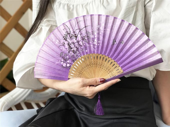 OMyTea® "Grassflowers 8.27"(21cm) Hand Held Folding Fans - With a Fabric Sleeve for Protection for Gifts - Chinese/Japanese Vintage Retro Style (Purple)