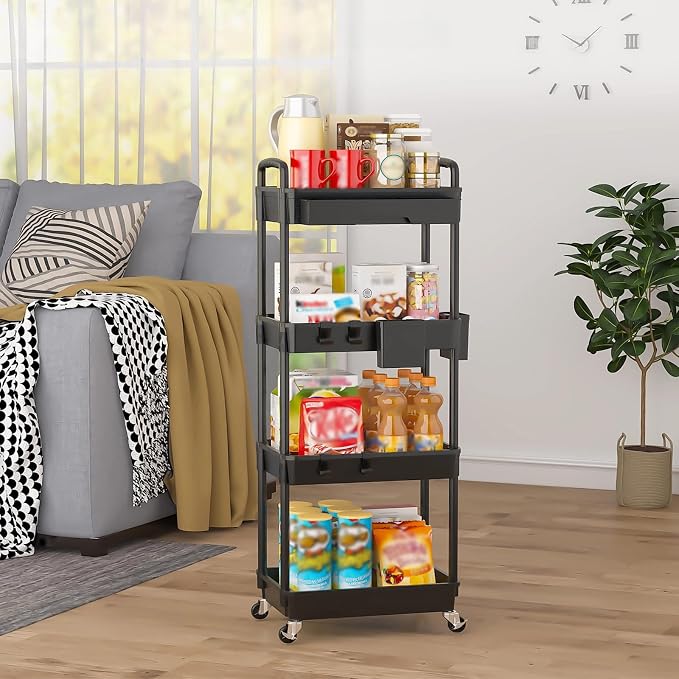 4 Tier Rolling Utility Cart with Drawer, Plastic Storage Organizer Rolling Carts with Wheels Handles Hanging Cups Hooks for Office, Bathroom, Kitchen,Craft Art Room (Black)