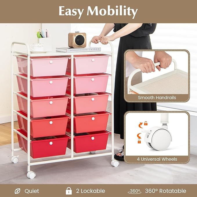 10 Drawer Rolling Cart, Storage Cart Organizer on Wheels, Drawer Cart with Metal Frame & Large Storage Capacity, Rolling Cart with Drawers for Living Room Classroom, Office