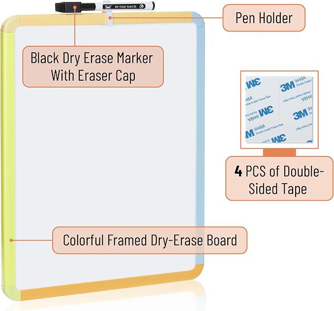Mr. Pen- Dry Erase Board, 14” x 11” with a Black Dry Erase Marker | Citrus Frame, Small Mini White Board for Students, Fridge, Wall, Locker, Includes Double Sided Tapes
