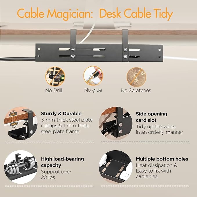 No Drill Under Desk Cable Management Tray, 17”-30” Retractable Cord Organizer for Table, Clamp Mount Wire Basket, Power Strip Holder & Metal Cord Organizer for Office, Home，Black