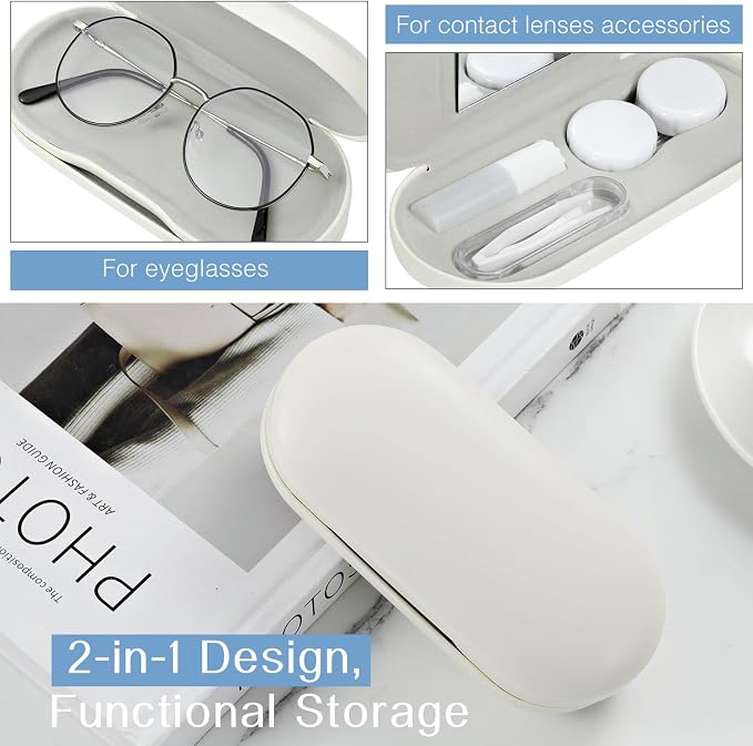MoKo Double Eyeglass Case, Contact Lens Case with Mirror Tweezers Remover, 2 in 1 Double Sided Portable Contact Lens Box Holder Container Soak Storage Kit Sunglasses Pouch for Men & Women, Beige