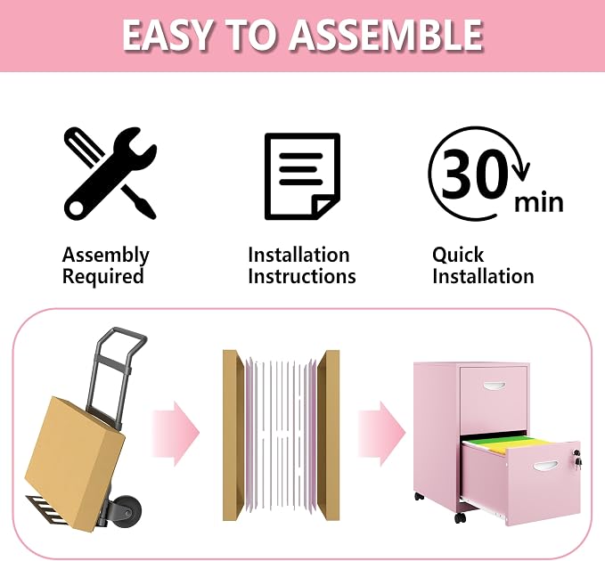 Polup 2 Drawer Rolling File Cabinet with Lock for Home Office | Metal Mobile Filing Cabinet on Wheels, Small Under Desk Storage, Fits Hanging Letter Size, Printer Stand, Pink