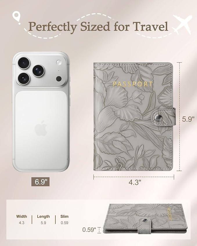 Slohif Elegant RFID Passport Holder for Travel with AirTag Elephant Gray | Floral Embossed Passport Wallet for Women, Slim Vegan Leather Travel Organizer with Money Pocket and Card Slots