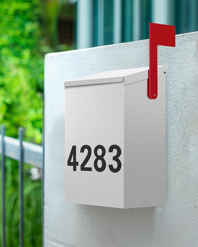 LAND·VOI Wall-Mount Mailbox with One Flag Kit and Three Sets of 0-9 Mailbox Number Stickers, Mailboxes for Outside, Galvanized Steel Rust-Proof Metal Post Box, 7.1"x3.9"x10.24", Textured White AMB05W