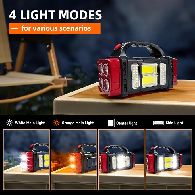 Solar Handheld Flashlight, 4 Lighting Modes Rechargeable LED Work Light, USB-C & Solar Powered Portable Lantern,Emergency Camping Light for Outdoor, Hiking, Power Outage (Red-1pcs)