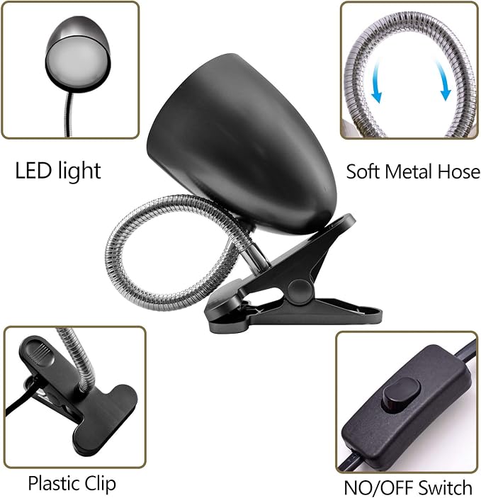 E ENERGETIC LIGHTING Clip on Light for Bed, Non-Dimmable Clip on Reading Light for Bed, 4000K Cool White, 3.5W 240 LM Desk lamp with clamp, Eye Protection, ETL Listed, Black