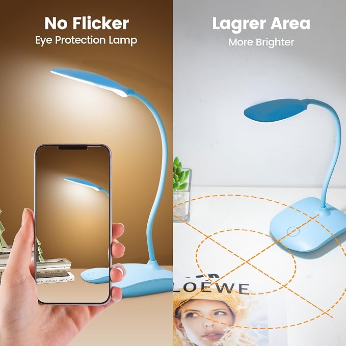Portable Battery Powered Desk Lamp Small Rechargeable LED Table Light | 400 Lumen Eye Care,3 Color Temperatures,Stepless Touch Dimming,360° Adjustable for Nail Study Dorm Office Bedroom,Blue 1 Pcs