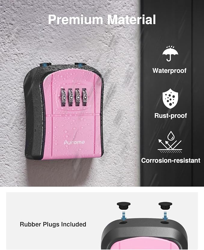 Puroma Key Lock Box, Portable Combination Lockbox Wall-Mounted Key Storage Box for House Keys, Resettable Code Safe Security Lock Box for Home, Office, Apartment Spare Key Storage (1 Pack, Pink)