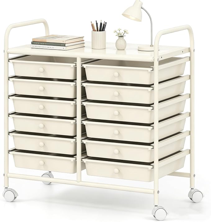 COSTWAY 12-Drawer Rolling Storage Cart, Utility Storage Organizer Cart | For Tools, Scrapbook, Paper, Craft, Multipurpose Art Supply Organizer on Wheels for Home Office School, Teacher, Ivory White