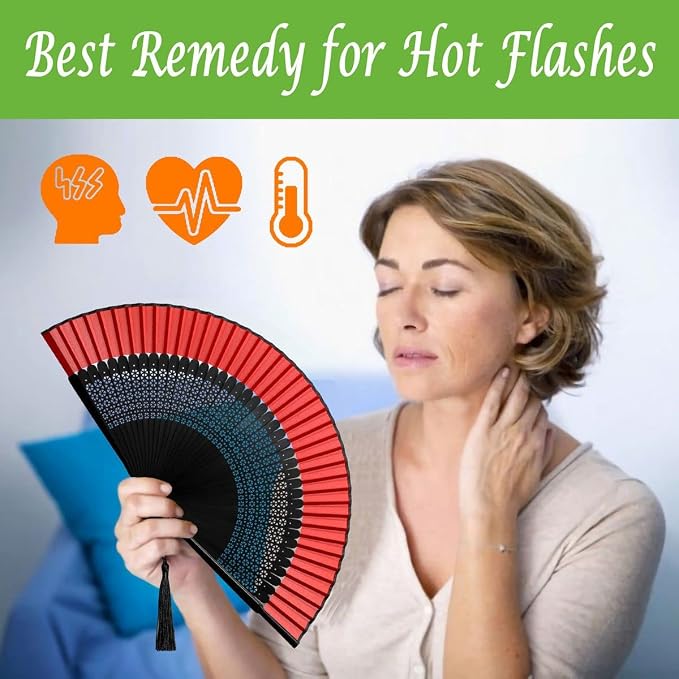 OMyTea Folding Hand Fan for Women - Foldable Chinese Japanese Vintage Bamboo Silk Fan - for Hot Flash, Church, Decoration, EDM, Music Festival, Dance, Party, Performance, Gift (Sexy Black - Red)
