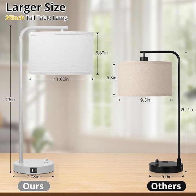 25" Tall Table Lamp with USB C+A Ports, Fully Dimmable Nightstand Lamp | Modern Grey Bedside Lamp with Beige Shade, Minimalist Desk Lamp for Living Room Bedroom Office, LED Bulb Included