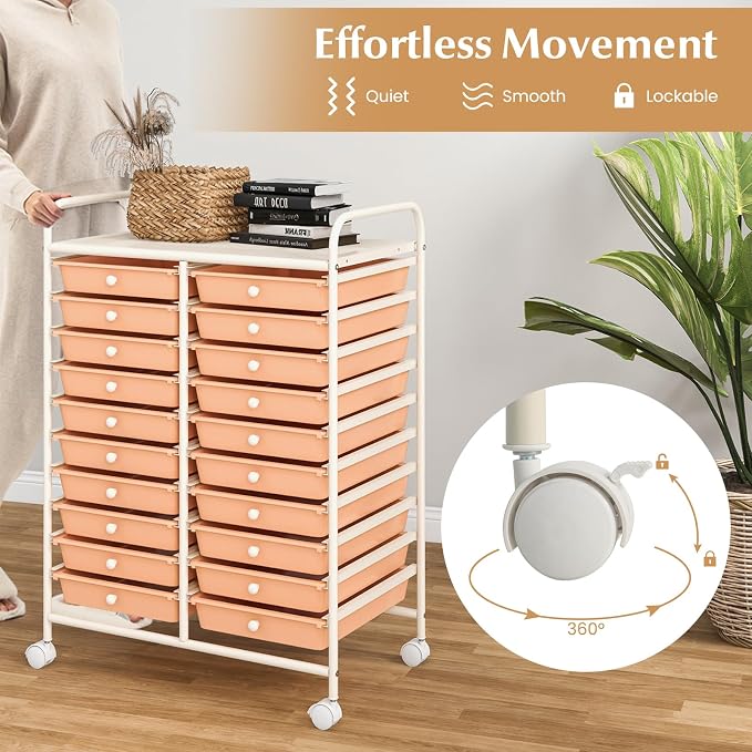 RELAX4LIFE 20-Drawer Rolling Storage Cart - Mobile Rolling Cart w/Drawers for School Classroom Teacher Office Home Salon, Paper File Art Supply Craft Organizer, Utility Cart on Wheels (Pink)