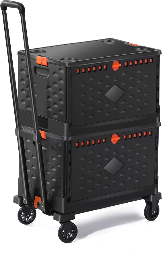Folding Hand Truck + 2 Pack Collapsible Crate -Teacher Collapsible Rolling Cart with Wheels,Shopping Cart for Groceries,Crate On Wheels and Tote Basket,Mobile Storage for File