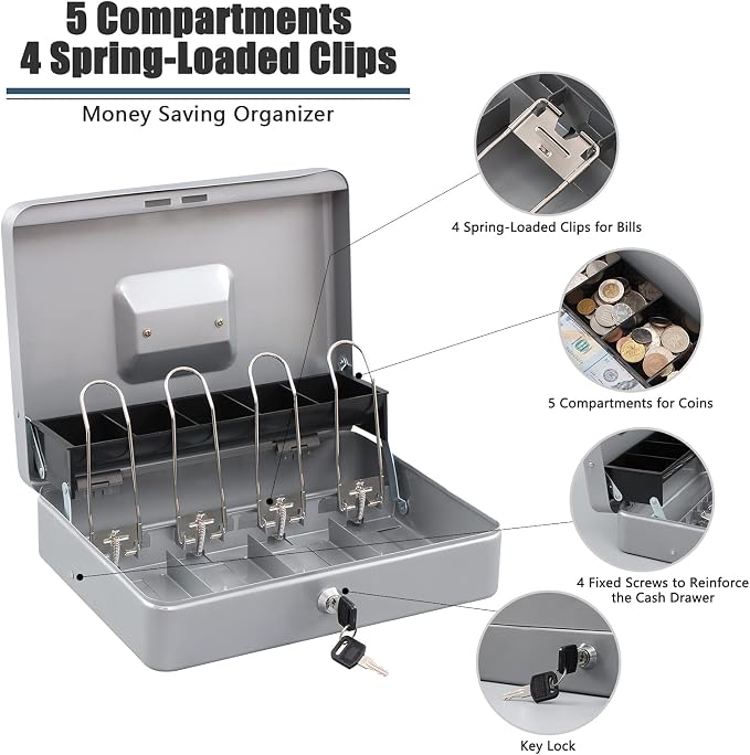 KYODOLED Locking Cash Box with Lock,Money Box with Cash Tray,Lock Safe Box with Key Money Saver,Money Saving Organizer,11.81Lx 9.45Wx 3.54H Inches,Lightgrey XL Large