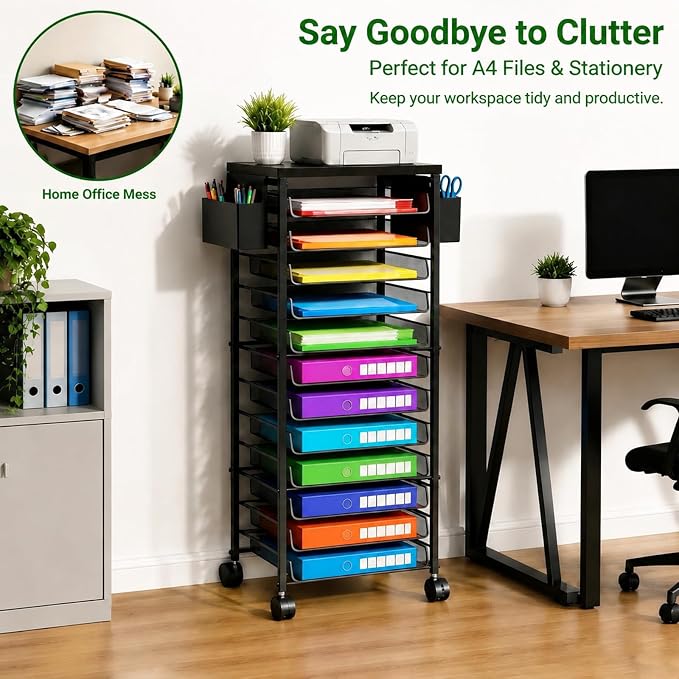 Ekisemio 11-Tier Rolling File Cart, Mobile Desk-Side Organizer with Top Shelf and Side Baskets, Wire Storage Rack for Letter Folders, Home Office & School, Black