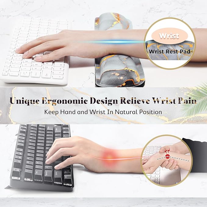 Gimars 17.3'' Extended Keyboard Wrist Rest Pad with 63D High-Density, Firm Memory Foam, Anti-Slip Rubber Base and Ergonomic Design for Typing Pain Relief,Office,Gaming, Computer, Laptop,Grey Golden