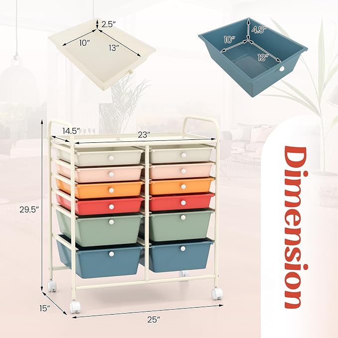 12 Drawer Rolling Storage Cart, Craft Cart Organizer on Wheels w/Metal Frame, Large Capacity & Smooth Drawer, Rolling Cart w/Drawers for Classroom, Office