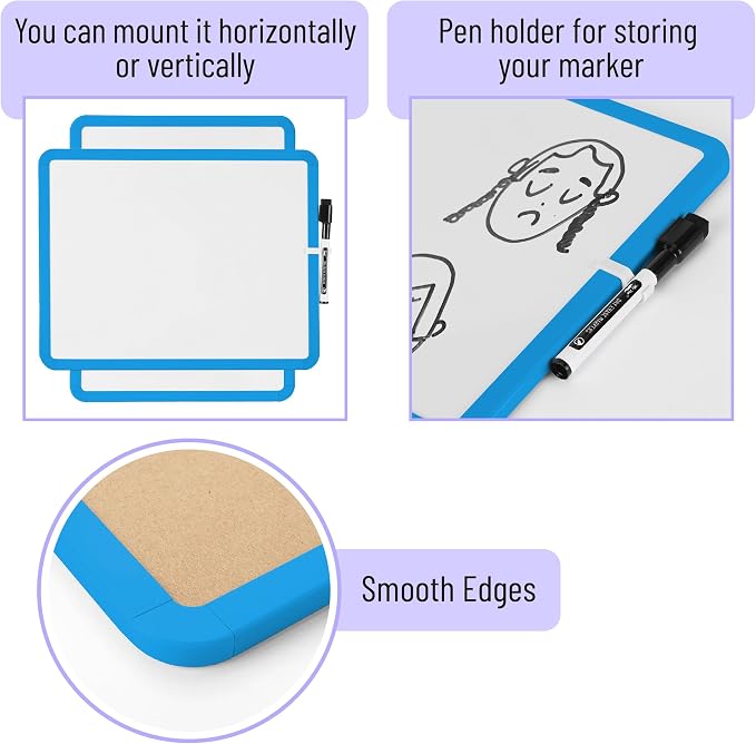 Mr. Pen- Dry Erase Board, 14” x 11” with a Black Dry Erase Marker | Blue Frame, Small Mini White Board for Students, Fridge, Wall, Locker, Includes Double Sided Tapes