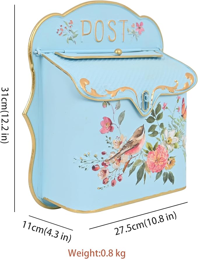 Vintage Wall Mount Mailbox for House Outside Metal Decorative Door Mailbox Antique Style Nostalgic Charm Home Decor Garden Vintage English Cottage for Home Garden House Farmhouse Porch Decor (Blue)
