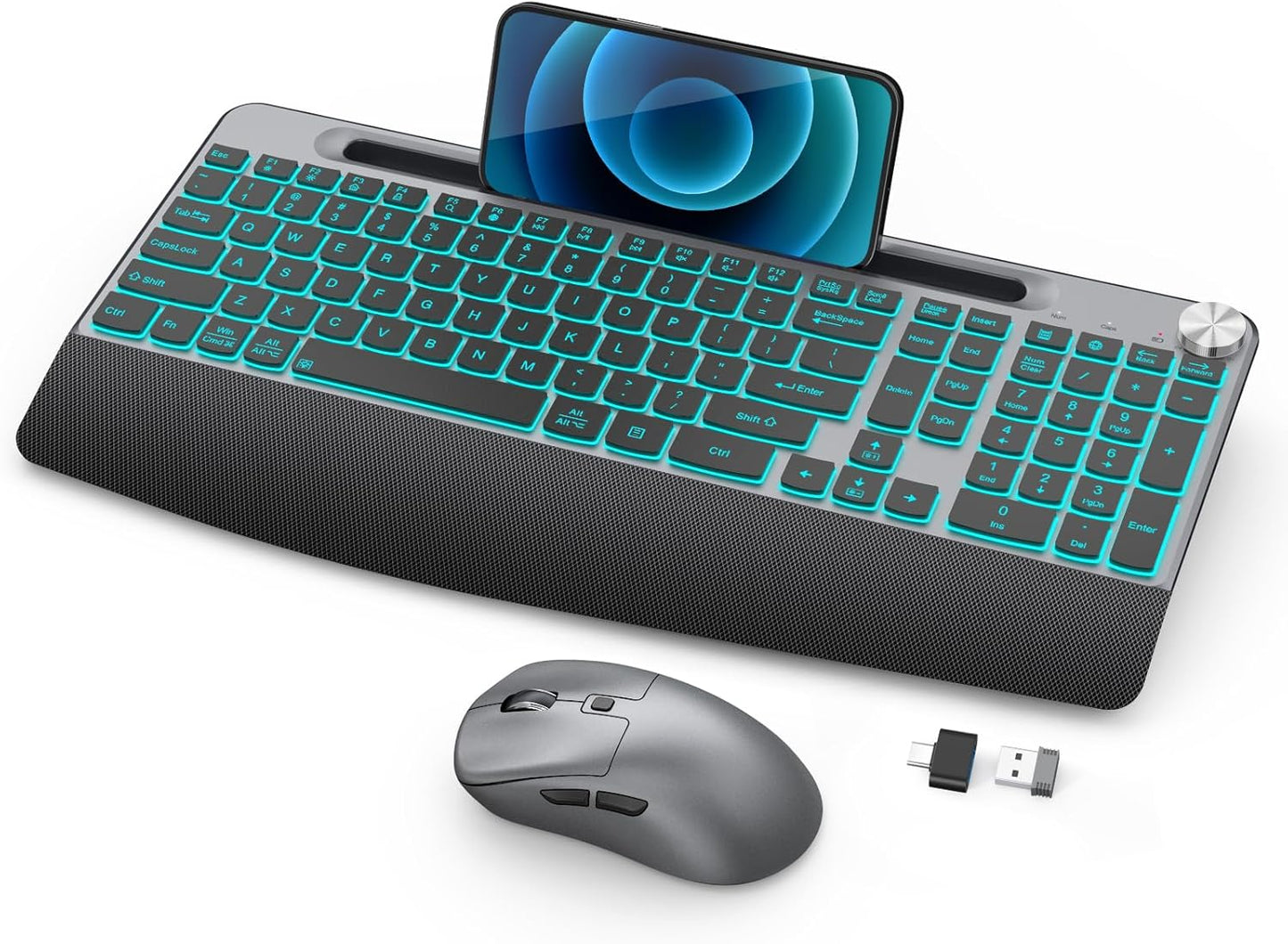Backlit Keyboard and Mouse Combo, 7 Colors Wireless Keyboard Ergonomic with Wrist Rest and Volume Knob,Phone Holder,Rechargeable with Light Up Keyboard for Laptop, PC, Mac, Windows -Black