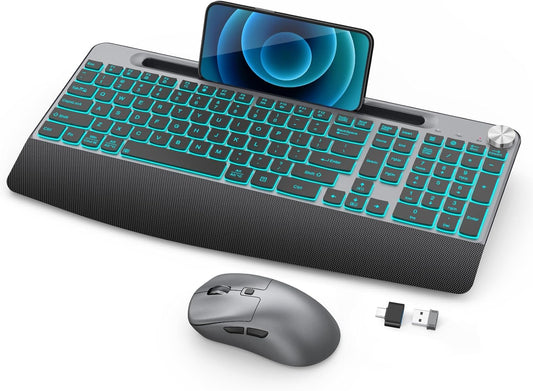Backlit Keyboard and Mouse Combo, 7 Colors Wireless Keyboard Ergonomic with Wrist Rest and Volume Knob,Phone Holder,Rechargeable with Light Up Keyboard for Laptop, PC, Mac, Windows -Black