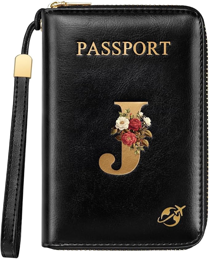 Passport Holder for Travel Personalized Wallet with Wristlet Women | Passport Cover, RFID Blocking, Passport Book Holders, Back Coin Pocket, Zipper Closure, Roses Initial Letter, Black J
