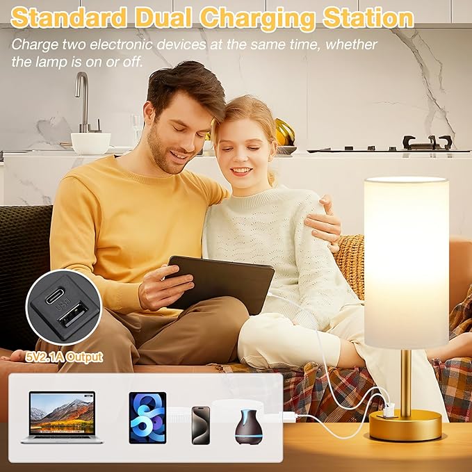 Dicoool Bedside Table Lamp for Bedroom - 3-Way Dimmable Touch Lamp, USB A+C | LED Bulb Included, 14" Small Nightstand Lamp for Desk, Living Room, Guest Room, White Fabric Lampshade, Gold Metal Base