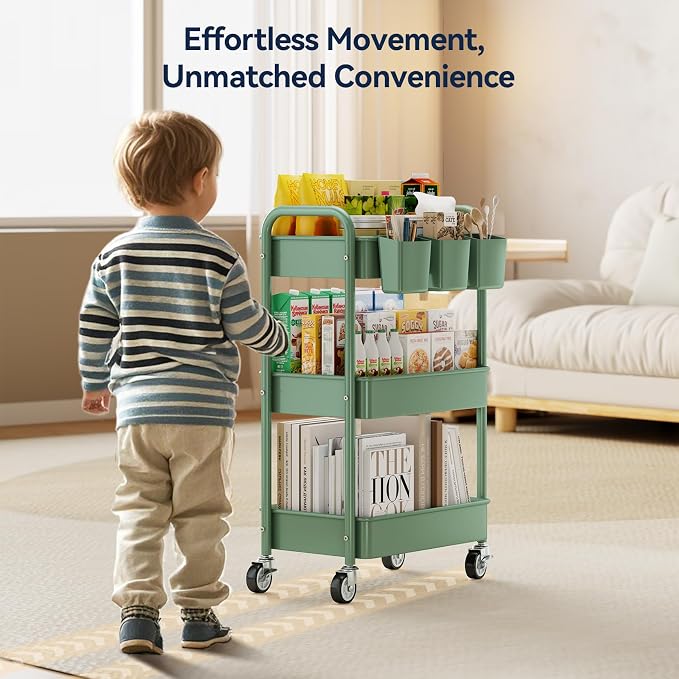 3-Tier Rolling Cart, Green, 66 Pounds Capacity, Mesh Storage Organizer with Lockable Wheels, 3 Hanging Cups, 4 Hooks, Easy Assembly, for Kitchen, Bathroom, Laundry, Grocery | Sturdy Rolling Storage Cart With Hooks & Hanging Cups, Great For Craft, Art W...