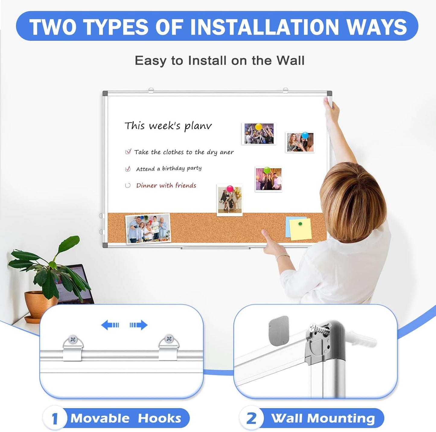 Whiteboard Cork Board Combo for Wall, WALGLASS 36" x 24" Double-Sided Large Dry Erase Whiteboard Corkboard Combination, Hanging Wall Mount Bulletin Board with Aluminum Frame for Office, Home, School