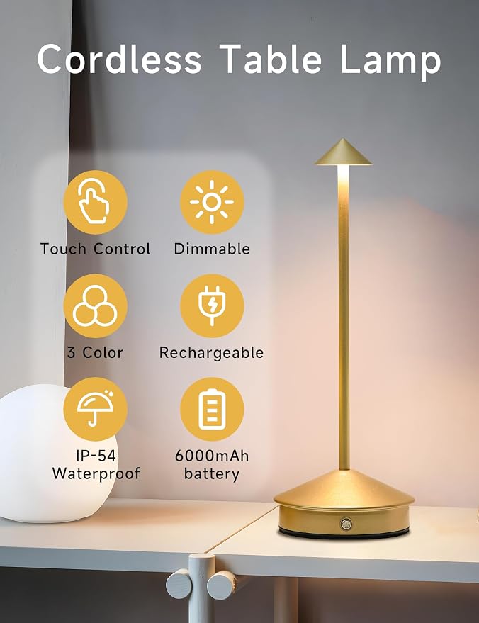 LED Rechargeable Cordless Table Lamps Gold | 2 Pcs Portable Modern USB Battery Operated Lights,Waterproof Touch Dimmable Desk Lamp,for Patio,Restaurant,Bar,Dining Home