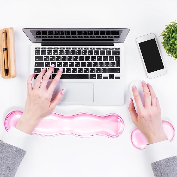 Ergonomic Gel Wrist Rest Set Anti Slip Silicone Keyboard and Mouse Pad Clear Pink Keyboard Support for Office Typing or Gaming, Relieve Wrist Pain