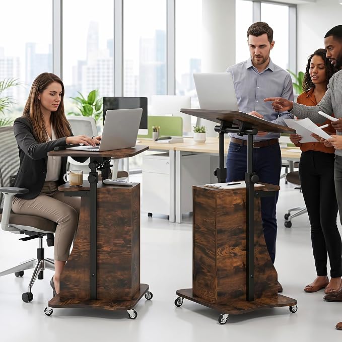 Tangkula Mobile Lectern Podium, Height Adjustable Podium Stand, Sit-to-Stand Desk with Tilting Tabletop & Storage Shelves, Rolling Laptop Cart Desk with Lockable Casters for Home Office School