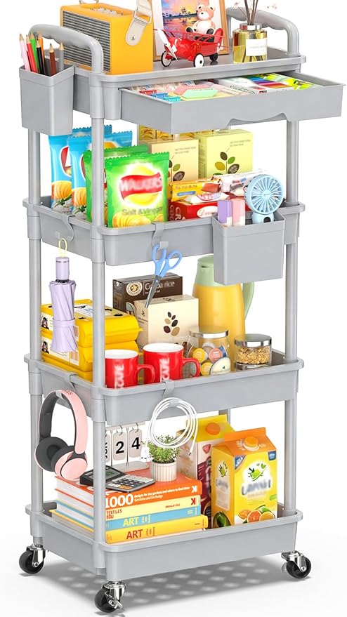 SUNALLY 4 Tier Rolling Cart with Drawer, Craft Storage Cart Organizer, Gray | Bathroom Storage Organizer with 2 Lockable Wheels, Rolling Utility Cart for Kitchen, Office, Baby, Makeup, Nail,Snack,Laundry