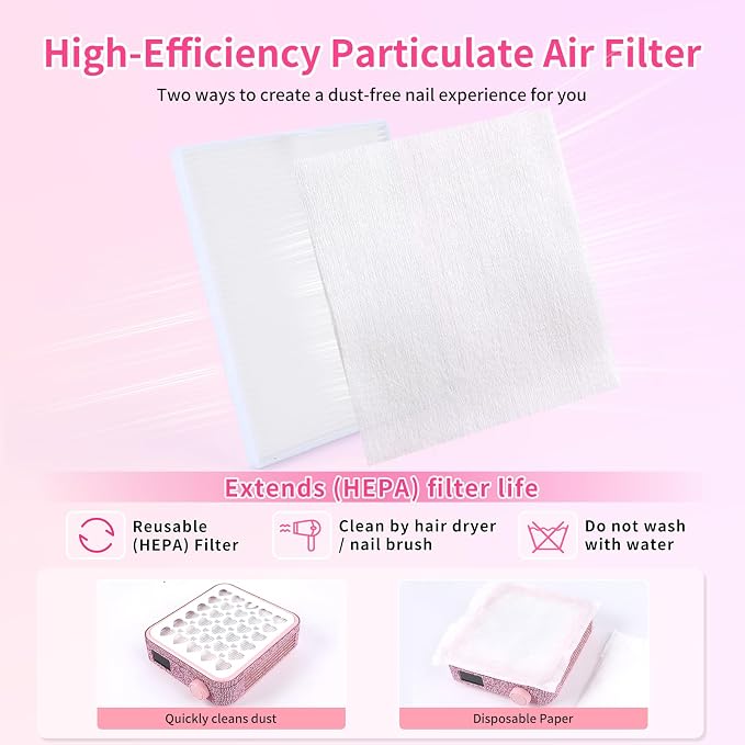 BQAN Portable Nail Dust Collector with 4200RPM Fan Pink Rhinestones | 10pcs Filter Papers Include & Nail Brush | Strong Suction | Adjustable Speed | For Acrylic & Gel | Professional & Home Use