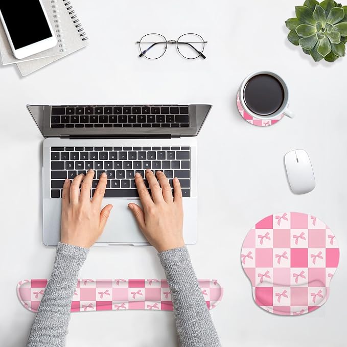 Ergonomic Mouse Pad Set with Wrist Rest, Pink Bow | Checkered Kawaii Non-Slip Rubber Base Wrist Cushion Support and Coasters Mousepad with Wrist Support for Computer Keyboard