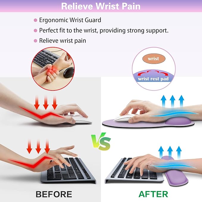 Mouse Pad with Wrist Rest Set, 3-in-1 Wrist Support Mousepad | Gaming Mat Pad with Anti-Skid Base,Ergonomic Mouse Pad Purple,Memory Foam Gel Wrist Rest for Computer Keyboard