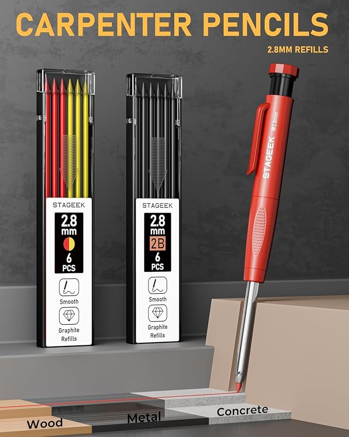 STAGEEK 14 Pack Carpenter Pencil Set with Sharpener | Construction Pencil Set with Deep Hole Long-Nib Markers , Woodworking Tool & Carpenter Pencils for Architect, DIY with Case