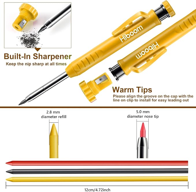 Hiboom 2 Pack Carpenter Pencils with Pencil Cap and 18 Refills, Yellow | Mechanical Pencil, Deep Hole Marking, Built-In Sharpener, Long Nose Tip, Pocket Clip, Marks Many Surfaces, Woodworking Use