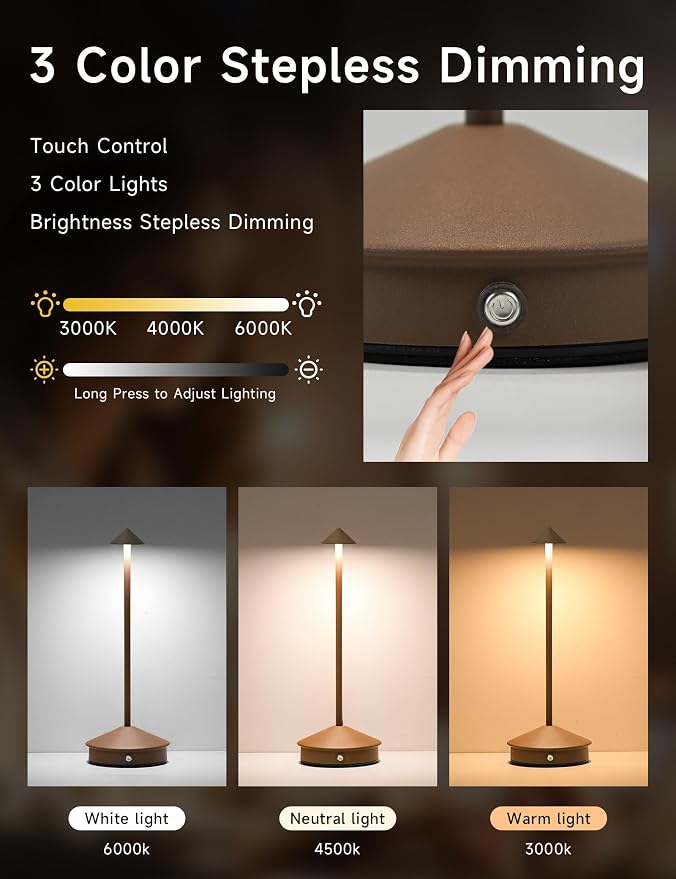 LED Rechargeable Cordless Table Lamps Brown | 2 Pcs Portable Modern USB Battery Operated Lights,Waterproof Touch Dimmable Desk Lamp,for Patio,Restaurant,Bar,Dining Home
