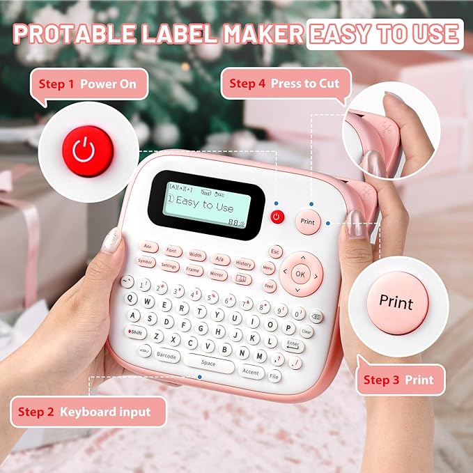 Pink Label Maker Machine with-Tape, Portable Kids Label Maker, QWERTY Keyboard Labeler Handheld, D210S Easy Labeler with Multiple Fonts Frame Barcode for Home Office School Supplies