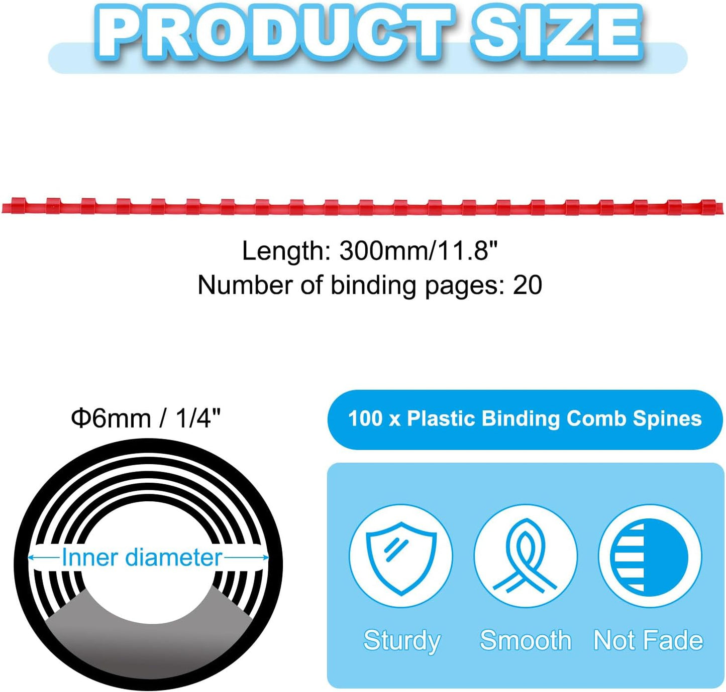 PATIKIL 6mm (1/4") Plastic Binding Combs, 100 Pcs 21 Rings Comb Binding Spines 20 Sheet Capacity Letter Size for Binding Paper Sheets, Red