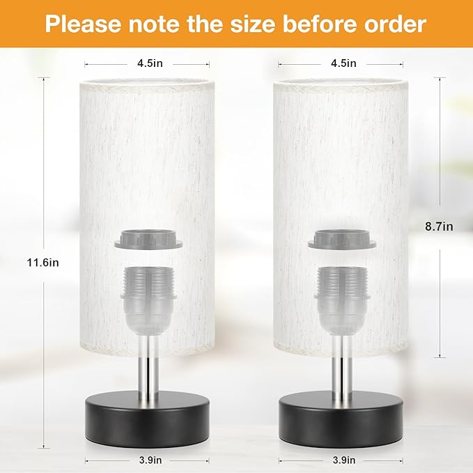 Table Lamps Set of 2（Cream Shade - Black Base, 11.6" Inline Control） | Bulb not Included | Small Lamps for Bedroom | Desk Lamp for Reading | for Living Room | for Dorm | Linen Shade