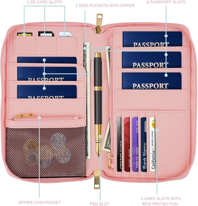 Family Passport Holder Wallet RFID Blocking Document Organizer | PU Leather Mulit-purpose Travel Wallet Credit Cards Case for Women Men, Pink Marble