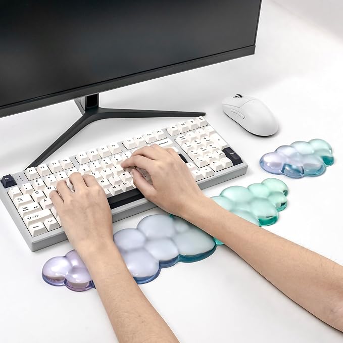 Gel Keyboard and Mouse Wrist Rest Set – Clear Cloud Wrist Rest for Computer Keyboard 60%/68%/75%, Comfort & Support for Typing and Gaming(Purple Green)