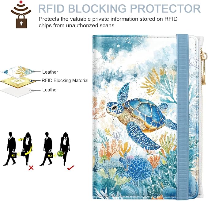 Passport Holder for Travel, RFID Blocking Passport Cover for Women Zipper | Travel Wallets, Passport Book Holder, Credit Card Holder, ID Window,SIM Card Slots, Coin & Tickets Pocket, Sea Turtle