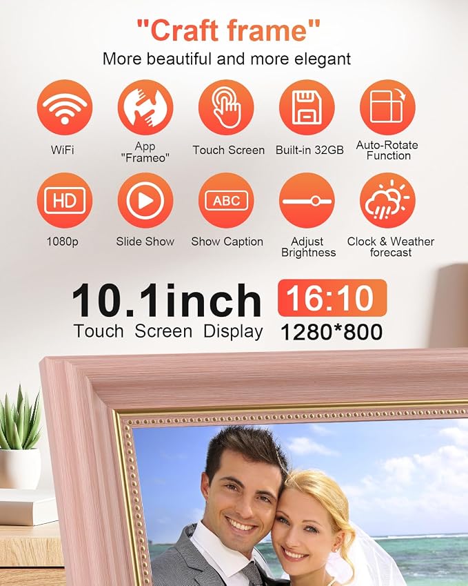 Frameo Digital Frame 10.1 Inch WiFi Digital Photo Frame with 32GB Storage, 1280x800 HD IPS Touch Screen Picture Frames with Frameo APP, Long Distance Realationship Gifts, Elderly Tech-Coral Pink