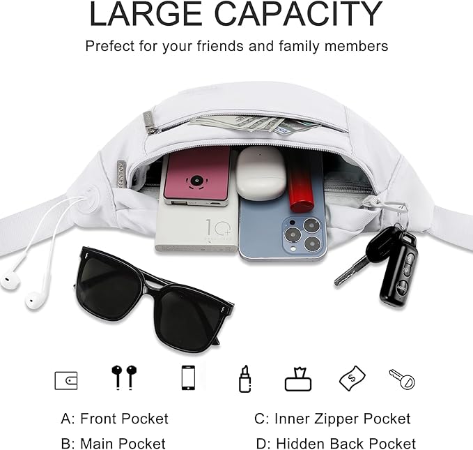 Large White Fanny Pack Sling Bag Trendy Travel Essentials for Women Men | Stylish,4-Zipper Pockets,Adjustable Belt,Fashion Cross Body Bag for Enjoy Yoga Traveling Workout Running Shopping