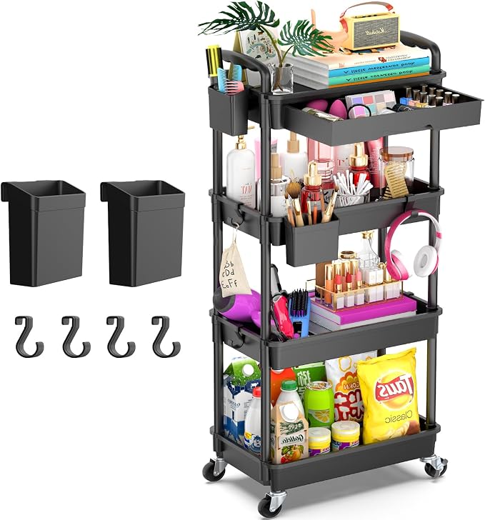 Goovilla 4 Tier Rolling Utility Cart Organizer with Removable Drawer, Black | Stable and Sturdy Rolling Storage Carts with 2 Lockable Wheels for Bathroom, Kitchen, Snack, Craft, Makeup, Baby Essentials